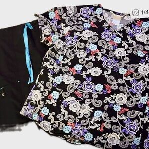 Scrubstar Black and Purple Floral Scrub With Black Scrubstar Pants